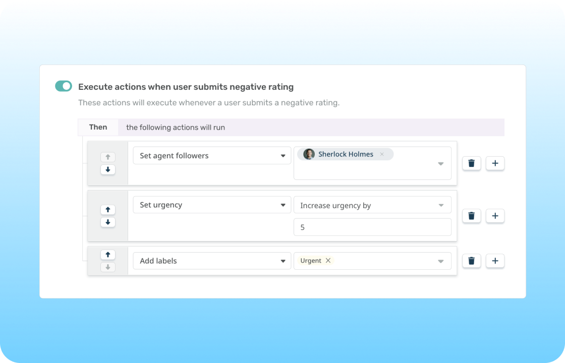 Example of multi-step automation when user submits a negative rating